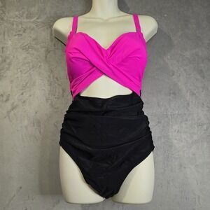 One Piece Swimsuit Size‎ M Pink Black Crisscross Adjustable Strap Eomenie